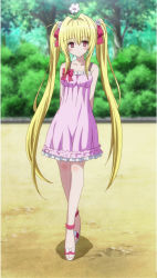 Rule 34 | 1girl, arms behind back, blonde hair, blush, contemporary, dress, flower, flower on head, hair flower, hair ornament, hair ribbon, highres, konjiki no yami, crossed legs, long hair, red eyes, ribbon, screencap, standing, stitched, third-party edit, to love-ru, twintails, very long hair