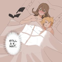 Rule 34 | 1boy, 1girl, aether (genshin impact), aged down, bed, bed sheet, blanket, blonde hair, blush, brown hair, closed eyes, comic, genshin impact, green eyes, hair between eyes, highres, lisa (genshin impact), long hair, lying, naked sheet, on back, thought bubble, under covers, yuushiba