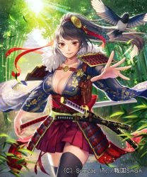Rule 34 | 1girl, architecture, armor, bird, black hair, black thighhighs, breasts, brown eyes, cleavage, day, east asian architecture, esukee, floral print, forest, fur trim, gold trim, hair ornament, high ponytail, katana, leaf, long hair, looking at viewer, medium breasts, nature, official art, outdoors, outstretched hand, pouch, red skirt, sengoku saga, sheath, sheathed, skirt, solo, standing, sunlight, sword, thighhighs, tree, weapon, wide sleeves