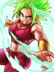 Rule 34 | 1girl, aura, blonde hair, bracer, breasts, collarbone, commentary request, dragon ball, dragon ball super, earrings, fusion, glowing, glowing hair, jewelry, kefla (dragon ball), kemachiku, looking at viewer, medium breasts, midriff, navel, pants, potara earrings, red pants, red shirt, shirt, simple background, smile, solo, spiked hair, stomach, super saiyan, tank top, toned