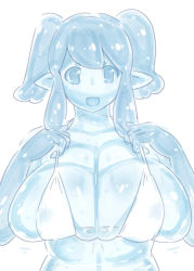 Rule 34 | )(, 1girl, adjusting clothes, adjusting swimsuit, bad id, bad pixiv id, bikini, blue skin, blue theme, breasts, colored skin, huge breasts, kaqo, looking at viewer, monochrome, monster girl, open mouth, original, pointy ears, sidelocks, simple background, slime girl, solo, swimsuit, upper body, white background