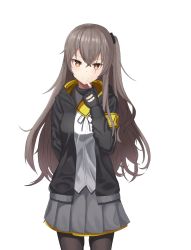 Rule 34 | 1girl, absurdres, black gloves, black jacket, black pantyhose, bow, breasts, brown eyes, brown hair, doggo34476335, finger to mouth, girls&#039; frontline, gloves, grey skirt, hair bow, highres, jacket, long hair, looking at viewer, pantyhose, scar, shirt, skirt, smile, solo, ump45 (girls&#039; frontline), white background, white shirt