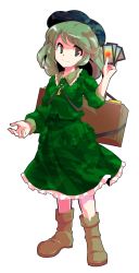 Rule 34 | 1girl, alphes (style), boots, brown footwear, card, closed mouth, dairi, dress, green dress, green eyes, green hair, green hat, hand up, hat, jewelry, key, key necklace, looking at viewer, necklace, parody, short hair, simple background, smile, solo, standing, style parody, tachi-e, touhou, transparent background, unconnected marketeers, white background, yamashiro takane