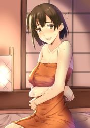 Rule 34 | 1girl, :d, bare arms, bare shoulders, blush, breasts, brown eyes, brown hair, cleavage, collarbone, crossed arms, female focus, flying sweatdrops, futon, head tilt, hiryuu (kancolle), indoors, kantai collection, kuurunaitsu, lamp, large breasts, looking at viewer, naked towel, neck, one side up, open mouth, orange towel, round teeth, seiza, short hair, sitting, smile, solo, sweat, teeth, towel, upper teeth only, water drop
