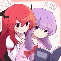 Rule 34 | 2girls, :d, ?, bat wings, blouse, blush, book, bow, dako ovo, demon wings, dress, dress shirt, hair between eyes, head wings, highres, holding, holding book, koakuma, long hair, long sleeves, looking at another, multiple girls, no headwear, open mouth, patchouli knowledge, purple eyes, purple hair, red eyes, red hair, shirt, smile, touhou, white shirt, wings