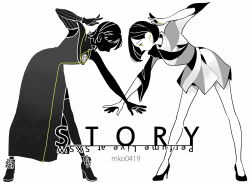 Rule 34 | arms up, bad id, bad pixiv id, black footwear, dress, english text, greyscale, grgr27, hair behind ear, long dress, looking down, mirror twins, monochrome, original, shoelaces, short hair, silhouette, simple background, standing, white background