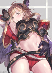 Rule 34 | 1girl, arm guards, arm up, armpits, bad id, bad pixiv id, belt, black gloves, blonde hair, blush, breasts, brown eyes, cape, crop top, djeeta (granblue fantasy), ear piercing, elbow gloves, gloves, granblue fantasy, hair ornament, hairband, highres, looking at viewer, medium breasts, milli little, navel, panties, parted lips, piercing, red panties, short hair, solo, thighs, underwear