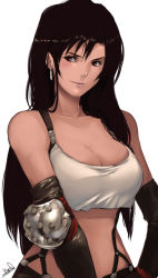 Rule 34 | 1990s (style), 1girl, black hair, breasts, brown eyes, brown hair, cleavage, david liu, earrings, elbow gloves, elbow pads, final fantasy, final fantasy vii, gloves, highres, jewelry, large breasts, lips, long hair, midriff, nose, retro artstyle, signature, skirt, smirk, solo, square enix, strapless, suspender skirt, suspenders, tifa lockhart, tube top, upper body