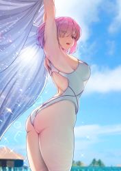 Rule 34 | 1girl, absurdres, alternate costume, armpits, arms up, ass, blue sky, blurry, blurry background, breasts, cloud, cloudy sky, competition swimsuit, day, eyes visible through hair, fate/grand order, fate (series), from behind, hair over one eye, highleg, highleg swimsuit, highres, holding, looking at viewer, looking back, mash kyrielight, medium breasts, one-piece swimsuit, open mouth, outdoors, pink hair, purple eyes, see-through silhouette, short hair, simple background, skindentation, sky, solar (happymonk), solo, sparkle, standing, swimsuit, thighs, translucent
