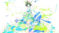 Rule 34 | 1girl, abstract, abstract background, aqua eyes, bad id, bad pixiv id, bare shoulders, brown hair, closed mouth, colorful, dress, elbow gloves, finger to mouth, finger to own chin, flower, full body, gloves, green eyes, green hair, hair flower, hair ornament, heterochromia, highres, idolmaster, idolmaster cinderella girls, idolmaster cinderella girls starlight stage, limited palette, looking at viewer, meola, mole, mole under eye, multicolored hair, paint splatter, short hair, simple background, smile, solo, standing, takagaki kaede, white dress, white footwear