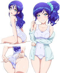 Rule 34 | 1girl, :d, absurdres, acchi (koiyimknp), adjusting clothes, adjusting swimsuit, aikatsu!, aikatsu! (series), ass, blue eyes, blue hair, blue scrunchie, blush, breasts, cleavage, collarbone, covered navel, cowboy shot, hair down, hair ornament, hair scrunchie, twirling hair, head tilt, heart, highres, kiriya aoi, long hair, looking at viewer, one-piece swimsuit, open mouth, scrunchie, side ponytail, sitting, small breasts, smile, solo, standing, swimsuit, wet, wet hair, white background, white one-piece swimsuit