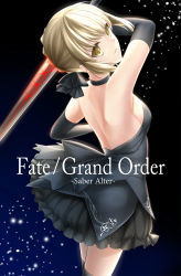 Rule 34 | 1girl, arm up, artoria pendragon (all), artoria pendragon (fate), back, backless outfit, bare back, bare shoulders, black background, black choker, black gloves, black ribbon, black skirt, black thighhighs, blonde hair, blue background, braid, breasts, character name, choker, copyright name, crown braid, dress, earrings, elbow gloves, excalibur morgan (fate), fate/grand order, fate (series), female focus, gloves, gradient background, hair ribbon, heart, heart earrings, highres, holding, holding sword, holding weapon, jewelry, light particles, looking at viewer, looking back, miniskirt, parted lips, ribbon, rukinya (nyanko mogumogu), saber alter, short hair, sideboob, sidelocks, skirt, small breasts, smile, solo, standing, strapless, strapless dress, sword, thighhighs, type-moon, weapon, yellow eyes