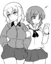Rule 34 | 10s, 2girls, absurdres, blouse, breasts, cellphone, closed mouth, couple, cowboy shot, dress shirt, eighth note, frown, girls und panzer, greyscale, hands in pockets, highres, holding, holding phone, itsumi erika, kuromorimine school uniform, large breasts, locked arms, long hair, long sleeves, looking away, miniskirt, monochrome, multiple girls, musical note, neckerchief, nishizumi miho, ooarai school uniform, phone, pleated skirt, school uniform, serafuku, shanaharuhi, shirt, short hair, skirt, smartphone, smile, standing, walking, yuri