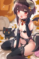 Rule 34 | 1girl, artist name, bare shoulders, bat wings, black bra, black cat, black gloves, black panties, black thighhighs, blurry, blurry background, blush, bow, bra, breasts, candy, cat, chomusuke, commentary request, demon girl, demon horns, demon tail, depth of field, elbow gloves, fangs, food, foot out of frame, frilled gloves, frilled thighhighs, frills, garter belt, gloves, hair ornament, highres, horns, kono subarashii sekai ni shukufuku wo!, looking at viewer, megumin, micro bra, mini wings, open mouth, osa (osaosa), panties, pumpkin, red eyes, short wings, sidelocks, sitting, small breasts, solo, sparkle, sparkle background, star (symbol), star hair ornament, tail, teeth, thighhighs, underwear, upper teeth only, wariza, wings