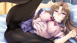 Rule 34 | 1girl, bed, blush, breasts, brown hair, cameltoe, character request, embarrassed, game cg, glasses, large breasts, legs, long hair, looking down, love ecchi dessin, lying, panties, pantyhose, pillow, purple eyes, shirabuchi mirei, skirt, solo, spread legs, thighs, underwear, upskirt