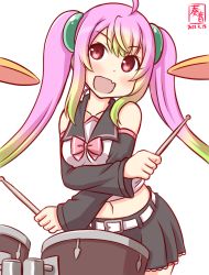 Rule 34 | 1girl, ahoge, alternate costume, artist logo, black sailor collar, black skirt, bow, commentary request, cowboy shot, dated, detached sleeves, drum, drum set, drumsticks, fang, gradient hair, green hair, instrument, kanon (kurogane knights), kantai collection, long hair, midriff, momo (kancolle), multicolored hair, one-hour drawing challenge, pink bow, pink hair, red eyes, sailor collar, simple background, skin fang, skirt, solo, twintails, white background