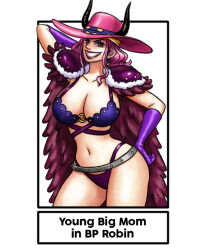 Rule 34 | 1girl, aged down, beast pirates uniform, bikini, breasts, cape, charlotte linlin, cleavage, cosplay, gloves, hand on own hip, hat, horns, iury padilha, large breasts, long hair, nico robin, nico robin (cosplay), one piece, pink hair, swimsuit, thighs, wide hips