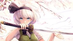 Rule 34 | 1girl, black bow, black bowtie, black hairband, black ribbon, blue eyes, bow, bowtie, breasts, cherry blossoms, commentary request, green vest, hair ribbon, hairband, hand up, holding, holding sword, holding weapon, katana, konpaku youmu, looking at viewer, medium breasts, noe noel, petals, puffy short sleeves, puffy sleeves, ribbon, short hair, short sleeves, silver hair, solo, sword, touhou, upper body, vest, weapon
