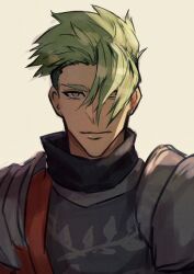 Rule 34 | 1boy, absurdres, achilles (fate), armor, fate/grand order, fate (series), green hair, hair over one eye, haruakira, highres, looking at viewer, male focus, red sash, sash, short hair, simple background, solo, straight-on, turtleneck, undercut, upper body, white background, yellow eyes