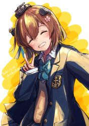 Rule 34 | 1girl, alternate costume, aruka, blazer, blue bow, blue bowtie, blue jacket, bowtie, brown hair, commentary request, dated, closed eyes, facing viewer, grin, headgear, headset, highres, jacket, kantai collection, school uniform, short hair, smile, solo, speaking tube headset, twitter username, upper body, v, yukikaze (kancolle)