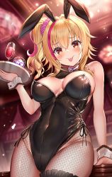 1girl, akabane (zebrasmise), animal ears, bare arms, bare shoulders, black leotard, blonde hair, blurry, bow, bowtie, breasts, bunny ears, check copyright, cleavage, copyright request, covered navel, cowboy shot, cup, depth of field, detached collar, drinking glass, fishnet legwear, fishnets, groin, hair intakes, hair ornament, hair scrunchie, heart, heart-shaped pupils, highleg, highleg leotard, highres, indoors, large breasts, leotard, long hair, looking at viewer, multicolored hair, original, pantyhose, playboy bunny, red eyes, scrunchie, side ponytail, smile, solo, streaked hair, symbol-shaped pupils, thighs, tongue, tongue out, tray, wine glass, wrist cuffs