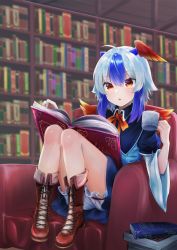 Rule 34 | 1girl, :o, absurdres, bird wings, black dress, black skirt, bloomers, blue hair, book, boots, bowl, capelet, commentary request, couch, cross-laced footwear, dress, gunsou1350, head wings, highres, holding, holding bowl, horns, knees up, lace-up boots, legs, library, long sleeves, multicolored hair, open mouth, reading, red eyes, red ribbon, red wings, ribbon, short hair, single head wing, sitting, skirt, solo, tokiko (touhou), touhou, two-tone hair, underwear, white hair, wide sleeves, wings