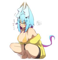 Rule 34 | +++, 1girl, :d, absurdres, animal ear fluff, animal ears, bare arms, bare shoulders, barefoot, bikini, bikini under clothes, black shorts, blue hair, breasts, cleavage, commentary request, full body, hair between eyes, hair ornament, hairclip, highres, hood, hood down, hooded jacket, idaten93, jacket, large breasts, long hair, multicolored hair, off shoulder, open mouth, orange bikini, orange hair, original, purple hair, shadow, short shorts, shorts, simple background, smile, solo, streaked hair, swimsuit, translation request, two-tone hair, very long hair, white background, yellow eyes, yellow jacket