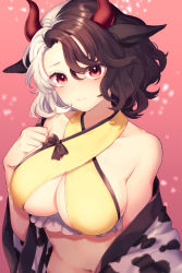 Rule 34 | 1girl, animal ears, animal print, black bow, black hair, blush, bow, breasts, cleavage, closed mouth, collarbone, commentary request, cow ears, cow horns, cow print, curled horns, eyelashes, highres, horns, jacket, jacket partially removed, large breasts, lips, looking at viewer, multicolored hair, navel, pink background, red eyes, red horns, short hair, simple background, solo, standing, stomach, tomobe kinuko, touhou, two-tone hair, ushizaki urumi, wavy hair, white hair