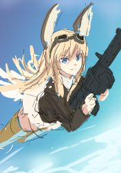 Rule 34 | 1girl, bad id, bad pixiv id, bird tail, blonde hair, blue eyes, blue sky, day, flying, goggles, goggles on head, gun, hanna-justina marseille, head wings, highres, holding, holding gun, holding weapon, long hair, long sleeves, machine gun, mg42, military, military uniform, miniskirt, sketch, skirt, sky, smile, solo, strike witches, striker unit, sugisaki tsugi, tail, uniform, weapon, white skirt, wings, witches of africa, world witches series
