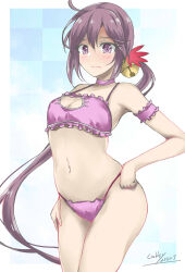 Rule 34 | 1girl, akebono (kancolle), armband, bell, bra, breasts, cat cutout, cat ear panties, cat lingerie, cleavage cutout, clothing cutout, cowboy shot, flower, frilled bra, frills, gakky, hair bell, hair flower, hair ornament, highres, jingle bell, kantai collection, long hair, meme attire, navel, one-hour drawing challenge, panties, pink bra, pink panties, purple eyes, purple hair, side ponytail, small breasts, solo, underwear, underwear only, very long hair