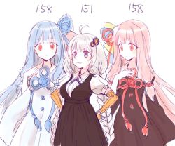 Rule 34 | 3girls, :3, aqua hair, braid, breasts, closed mouth, commentary request, detached sleeves, dress, hair ornament, hands on own hips, height difference, kizuna akari, kotonoha akane, kotonoha aoi, long hair, multiple girls, pink hair, red eyes, sbs, simple background, sketch, twin braids, very long hair, vocaloid, voiceroid, white background, white hair, wide sleeves