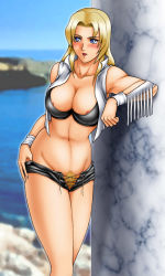 Rule 34 | 1girl, beach, blonde hair, blue eyes, blush, breasts, day, dead or alive, female pubic hair, kitamura (bamboo), large breasts, muscular, nipple slip, nipples, outdoors, pubic hair, short hair, solo, tecmo, tina armstrong