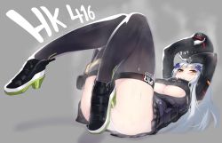 Rule 34 | 1girl, black thighhighs, blush, boots, breasts, cleavage, dev (dev0614), girls&#039; frontline, gloves, green eyes, hat, unworn hat, unworn headwear, hk416 (girls&#039; frontline), knife, large breasts, long hair, looking at viewer, lying, miniskirt, on back, panties, parted lips, pleated skirt, silver hair, skirt, solo, steam, sweat, tattoo, thighhighs, underboob, underwear, white panties