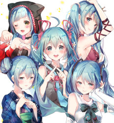 Rule 34 | 5girls, absurdres, ahoge, aqua hair, arm up, blue hair, blush, detached sleeves, double bun, hatsune miku, highres, long hair, looking at viewer, multiple girls, one eye closed, open mouth, paw pose, rokku, smile, twintails, vocaloid