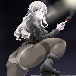 Rule 34 | 1girl, ass, atagawa, blue eyes, breasts, butt crack, cameltoe, cigarette, elizabeth f. beurling, female focus, from behind, jacket, large breasts, long hair, looking at viewer, panties, panties under pantyhose, pantyhose, sideboob, silver hair, smoking, solo, strike witches, underwear, world witches series