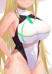 Rule 34 | 1girl, :o, absurdres, bare arms, black one-piece swimsuit, blonde hair, blush, breasts, cameltoe, commentary request, competition swimsuit, covered erect nipples, covered navel, diamond earrings, earrings, hand on own hip, head out of frame, highres, jewelry, large breasts, long hair, mythra (xenoblade), one-piece swimsuit, open mouth, shiratamaaji, sidelocks, simple background, standing, sweat, swimsuit, taut clothes, taut swimsuit, thick thighs, thighs, very long hair, white one-piece swimsuit, xenoblade chronicles (series), xenoblade chronicles 2