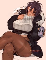 Rule 34 | 1girl, absurdres, alcohol, artist name, beer, beer can, black nails, blush, bon (vtuber), breasts, can, commentary, crossed legs, dark-skinned female, dark skin, drink can, ear piercing, english commentary, grey eyes, heart, heart-shaped pupils, highres, holding, holding can, indie virtual youtuber, jacket, large breasts, looking at viewer, messy hair, notanubi, open mouth, pantyhose, piercing, short hair, sitting, solo, sweater, symbol-shaped pupils, teeth, tongue, twitter username, virtual youtuber, watermark