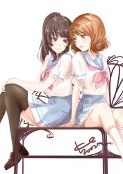 Rule 34 | 10s, 2girls, :d, arm support, bad id, bad pixiv id, bare legs, black eyes, black hair, black legwear, blue skirt, blush, brown eyes, brown hair, eye contact, female focus, friends, hand on own knee, happy, hibike! euphonium, highres, ice2002, knees together feet apart, knees up, kousaka reina, legs, loafers, long hair, looking at another, looking back, md5 mismatch, multiple girls, neckerchief, open mouth, oumae kumiko, pink neckerchief, ponytail, purple eyes, school uniform, serafuku, shoes, short hair, short sleeves, side-by-side, simple background, sitting, skirt, smile, socks, thighhighs, white background, white legwear, yuri
