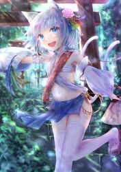 Rule 34 | 1girl, alternate costume, animal ears, bad id, bad pixiv id, bandages, blue eyes, cat ears, detached sleeves, fang, folding fan, geta, hair ornament, hand fan, highres, kanzashi, kinom (sculpturesky), leg up, long sleeves, looking at viewer, medium hair, open mouth, original, pelvic curtain, puffy long sleeves, puffy sleeves, silver hair, solo, stairs, standing, torii