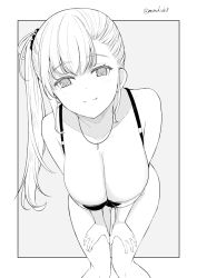 Rule 34 | 1girl, breasts, cleavage, greyscale, jewelry, kichihachi, large breasts, long hair, monochrome, necklace, original, side ponytail, solo, swimsuit