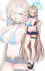 1girl absurdly_long_hair absurdres asuna_(blue_archive) asymmetrical_bangs bikini black_choker black_footwear black_shorts blue_archive blue_bikini blue_eyes blue_halo blue_nails breasts brown_hair chierishu choker fake_nails food full_body halo highres holding holding_food holding_popsicle large_breasts long_hair popsicle shoes short_shorts shorts solo standing swimsuit thigh_strap toeless_footwear toes tongue tongue_out very_long_hair white_background zoom_layer