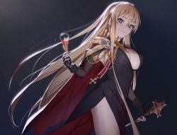 Rule 34 | 1girl, aiguillette, azur lane, bismarck (azur lane), bismarck (beacon of the iron blood) (azur lane), bismarck (coat of arms), black background, black gloves, blonde hair, blue eyes, breasts, coat of arms, cocktail dress, cowboy shot, dress, epaulettes, evening gown, fingerless gloves, from below, gloves, guihuo inferno, hair between eyes, highres, holding, holding scepter, large breasts, long hair, looking at viewer, looking down, official alternate costume, scepter, side cape, simple background, single epaulette, solo, very long hair