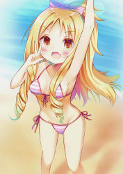 Rule 34 | 1girl, :d, absurdres, arm up, armpits, ball, bare arms, bare legs, bare shoulders, beach, beachball, bikini, blonde hair, blush, bow, breasts, brown eyes, collarbone, commentary request, day, drill hair, eromanga sensei, esureki, fang, front-tie bikini top, front-tie top, hair bow, halterneck, high ponytail, highres, long hair, looking at viewer, medium breasts, navel, object on head, ocean, open mouth, outdoors, pink bow, side-tie bikini bottom, sidelocks, smile, solo, standing, striped bikini, striped clothes, swimsuit, tareme, transparent, twin drills, v, yamada elf