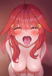 Rule 34 | 1girl, ahoge, amog, blush, breasts, closed eyes, completely nude, go-toubun no hanayome, hair ornament, highres, large breasts, long hair, nakano itsuki, nipples, nude, open mouth, oral invitation, red hair, sitting, solo, star (symbol), star hair ornament, tongue, tongue out, waiting for cum