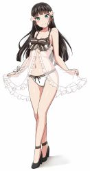 Rule 34 | 10s, 1girl, ankle strap, babydoll, bare legs, black footwear, black hair, blunt bangs, blush, bow, breasts, cleavage, commentary request, flower, frills, full body, green eyes, hair flower, hair ornament, high heels, highres, kurosawa dia, long hair, looking at viewer, love live!, love live! sunshine!!, medium breasts, mole, mole under mouth, navel, panties, ribbon, see-through, shoes, simple background, smile, solo, standing, striped, striped bow, thigh gap, underwear, white background, white ribbon, wrist ribbon, yopparai oni