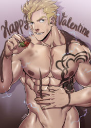 Rule 34 | 1boy, abs, absurdres, artist name, bara, blonde hair, chest tattoo, chocolate, chocolate on body, chocolate on hand, chocolate on pectorals, completely nude, facial mark, fairy tail, food, food on body, food on hand, fruit, highres, holding, holding food, holding fruit, large pectorals, laxus dreyar, looking at viewer, male focus, muscular, muscular male, naked chocolate, nipples, nude, pectorals, short hair, sideburns, smile, solo, suyohara, tattoo, valentine