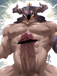 Rule 34 | 1boy, abs, armor, bara, censored, draph, erection, glowing, glowing eyes, granblue fantasy, helmet, highres, horns, huge penis, large pectorals, looking at viewer, male focus, male pubic hair, muscular, nipples, nude, pectorals, penis, pubic hair, shirako (kirupi), solo, testicles, uncensored, vaseraga