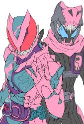 Rule 34 | 2boys, armor, back-to-back, belt, commentary request, cropped, driver (kamen rider), flat color, glowing, glowing eyes, highres, holding, ink stamp, kamen rider, kamen rider revi, kamen rider revice, kamen rider vice, looking at viewer, male focus, multiple boys, open hand, red eyes, revice driver, rex genome, rider belt, sharp teeth, smile, smoke, sugokukiyotteru, teeth, tokusatsu, upper body, vistamp