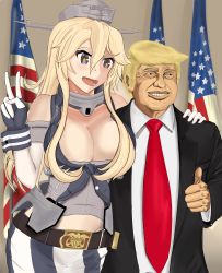 Rule 34 | 10s, absurdres, american flag, artist741 (artist), breasts, cleavage, commentary, donald trump, formal, highres, iowa (kancolle), kantai collection, large breasts, politician, real life, star-shaped pupils, star (symbol), symbol-shaped pupils, thumbs up, v