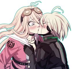 Rule 34 | 1boy, 1girl, ahoge, android, antenna hair, barbed wire, black choker, black gloves, blonde hair, blush, cheer (cheerpuppy14), choker, closed eyes, collarbone, commentary, danganronpa (series), danganronpa v3: killing harmony, english commentary, gloves, goggles, goggles on head, grey hair, heart, heart-shaped pupils, heart ahoge, hetero, iruma miu, k1-b0, kiss, long hair, looking at another, pink eyes, pink shirt, pink skirt, pulling another&#039;s clothes, sailor collar, shirt, short hair, skirt, surprised, symbol-shaped pupils, upper body